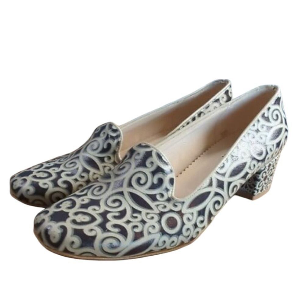 Goby Pattern Career Heel Shoes Black White Leather Size 7.5